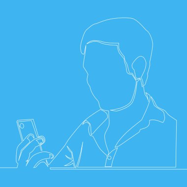 Bir smartphone çizim tasarım vektör illüstrasyon izole mavi arka plan üzerinde kullanan adam