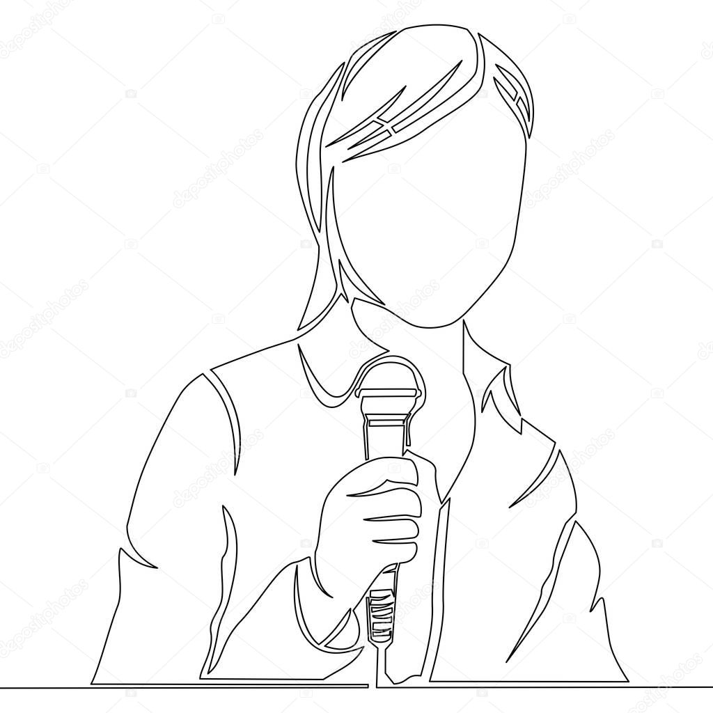 Continuous line drawing elegant woman reporter with microphone concept vector illustration