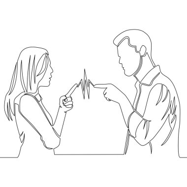 Sürekli çizim için erkek ve kadın karakter vektör düz çizgi film illüstrasyon kavga