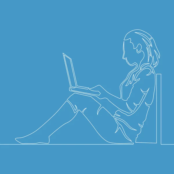 Uma Linha Desenho Uma Mulher Sentada Com Laptop Ilustração Vetor — Vetor de Stock