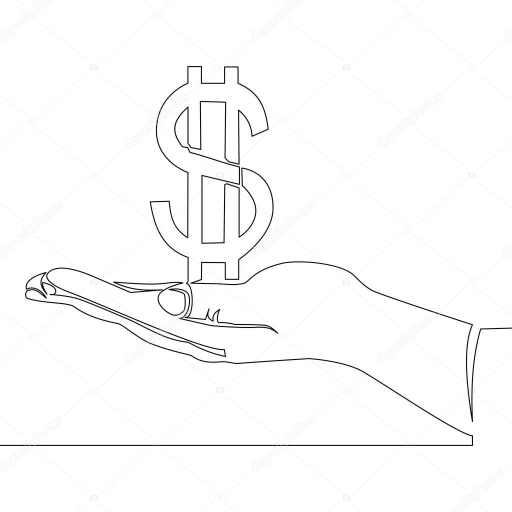 Continuous one line drawing of hand hold dollar sign Thin line money concept vector illustration