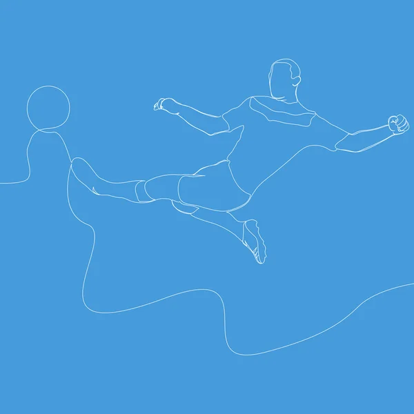 Desenho Linha Contínua Ilustração Jogador Futebol Chuta Bola Futebol Vector — Vetor de Stock