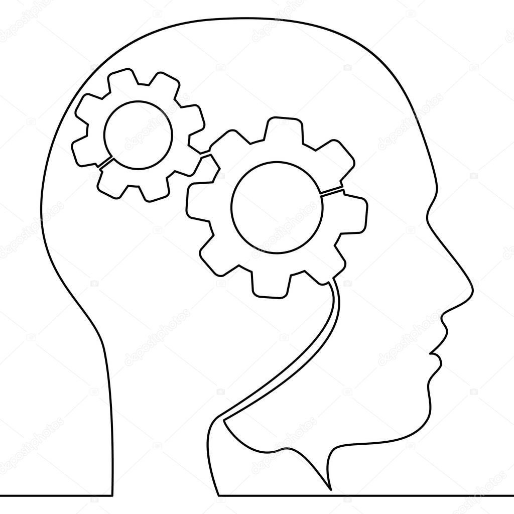 Continuous one line Head of a man with gears inside vector illustration concept