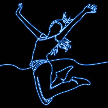 Mutlu kadın mavi neon glow vektör illüstrasyon kavramı atlama tezahürat sürekli çizgi çizme