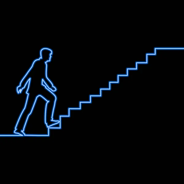 Línea Continua Simple Caminar Humano Escalera Signo Neón Azul Brillo — Vector de stock