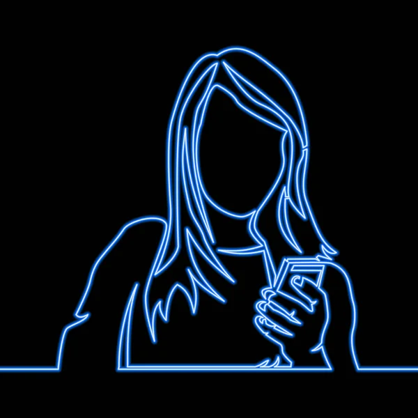 Desenho Linha Contínua Única Mulher Lendo Telefone Celular Neon Azul —  Vetores de Stock