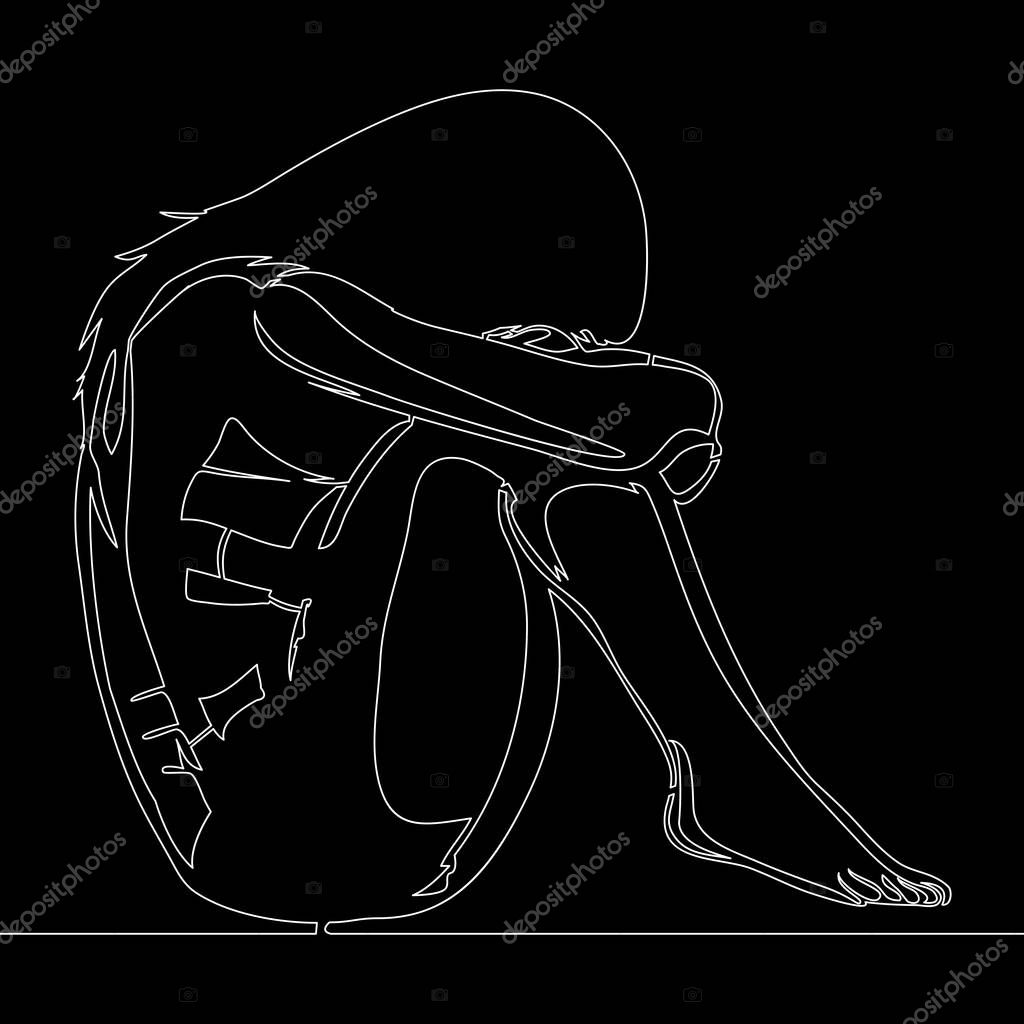 Continuous one single line drawing Girl sitting sad vector illustration concept