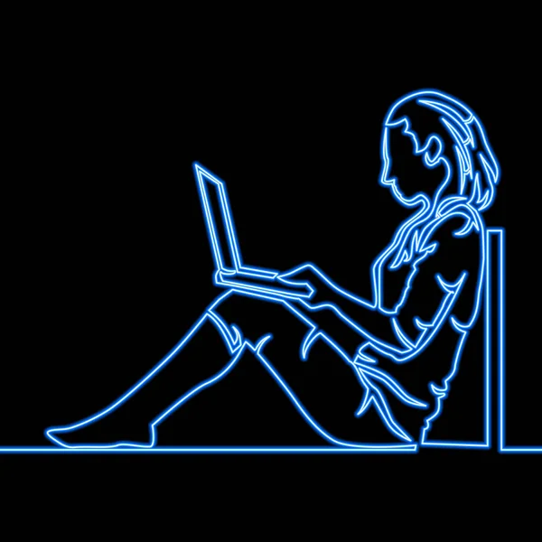 Continuo una linea disegno donna con computer portatile — Vettoriale Stock