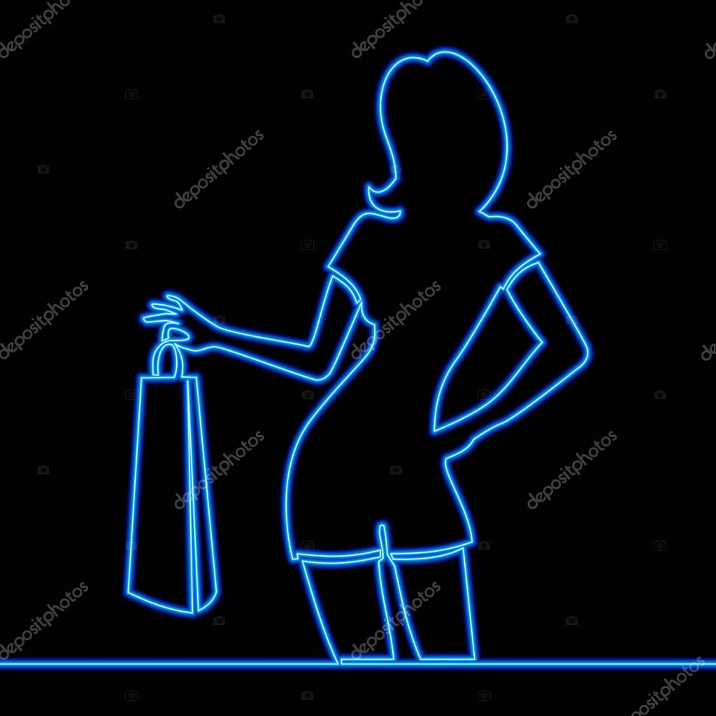 Continuous one single line drawing woman shopping icon neon glow vector illustration concept