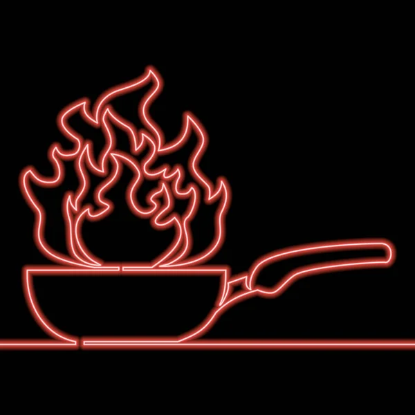 Kontinuierliche Eine Einzige Linie Zeichnung Pfanne Mit Feuer Symbol Neon — Stockvektor