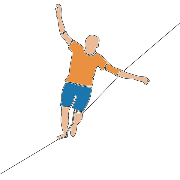 Flache Durchgehende Zeichenlinie Kunst Mann Balanciert Auf Einem Seil Symbol — Stockvektor