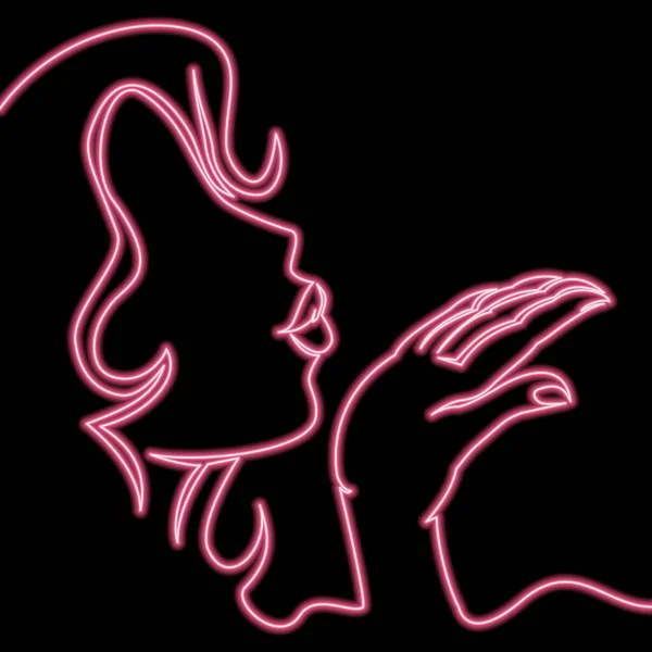 Continuous Uma Única Linha Desenho Mulher Soprando Ícone Beijo Neon — Vetor de Stock