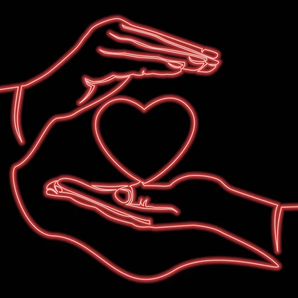連続1本の線画手は心臓を保持医療ケアアイコンネオン輝きベクトルイラストコンセプト — ストックベクタ
