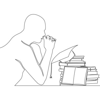 Mezuniyet şapkası takmış kitapların üzerinde düşünen bir adamın sürekli çizdiği tek satır eğitim seçimi ikonu vektör illüstrasyon konsepti hakkında endişeli