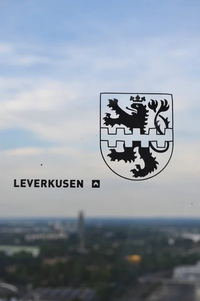 2018 레버쿠젠의 코트는 사자를 묘사한다 유리에 그리기 하늘과 도시의 전망대 — 스톡 사진