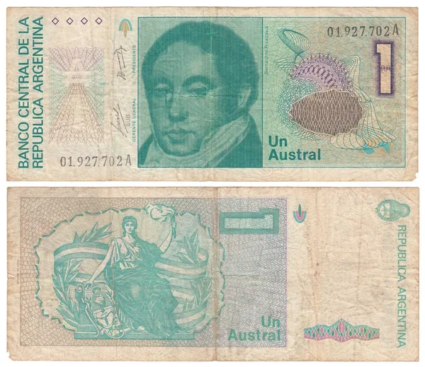 1985年1月1日的阿根廷共和国面值钞票样本 贝尔纳迪诺 里瓦达维亚总统的肖像妇女 手里拿着火炬和盾牌 — 图库照片