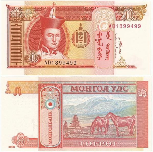 Banknot 5 tugriks 2008, Moğolistan.Portre Sukhbaatar, Arka planda dağlar ile Przewalski atları