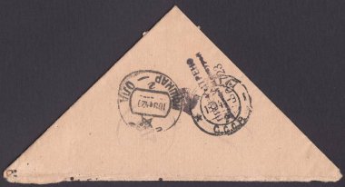SSCB - Yaklaşık 1942: Asker üçgeni, önden bir mektup. Eski posta zarfı. Postmark Yoshkar-Ola, Tula ve askeri sansür tarafından izlendi