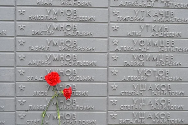 俄罗斯 托普基2019年5月 花康乃馨的盘子上的名字死亡的士兵 向数千名没有从战争归来的公民纪念碑 — 图库照片
