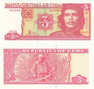 Banknot 3 peso 2014, Küba Cumhuriyeti.Ernesto Che Guevara kesme şeker kamışı