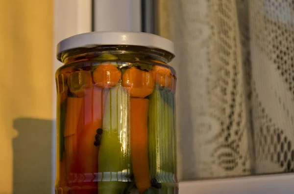 Pickled Organic Vegetables Glass Jars — Stock Photo, Image