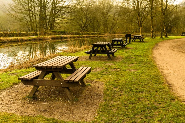 Picnic Tables Lined Bank Canal United Kingdom — Stock Photo, Image
