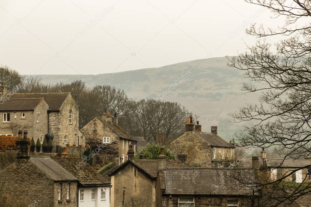 Stone cottages in Peak District Village of Castleton, Derbyshire, England, United Kingdom.