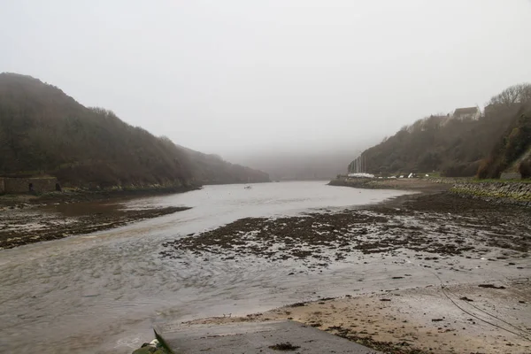 Solva Mirando Atardecer Con Niebla Ligera Brides Bay Pembrokeshire Gales —  Fotos de Stock