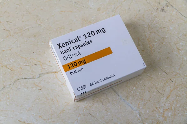 Editorial Ilustrativo Xenical Orlistat Capsulas Pérdida Peso Droga Copyspace Bournemouth Imágenes de stock libres de derechos