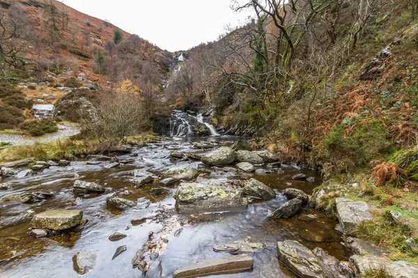 River in Autumn Fall, waterfall in distance — Stock Photo, Image