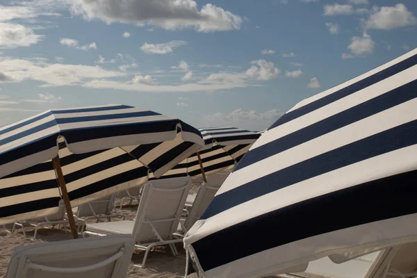 Άσπρες Και Μπλε Ριγέ Ομπρέλες Ηλίου Στην Παραλία Του Μαϊάμι — Φωτογραφία Αρχείου