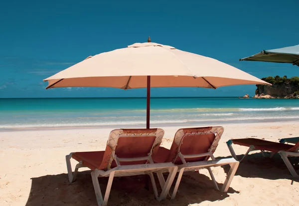 Карибские цвета: шезлонги и зонтики на общественном пляже, интенсивный — стоковое фото