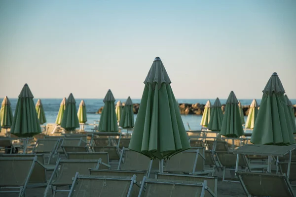 Plaj Şemsiyeleri Güneş Yatakları Yumuşak Eğri Büğrü Öğleden Sonra Işığında — Stok fotoğraf
