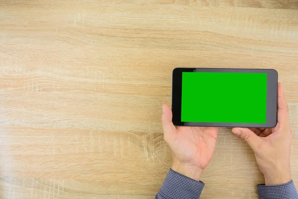Empresario Sosteniendo Tableta Digital Con Pantalla Verde — Foto de Stock