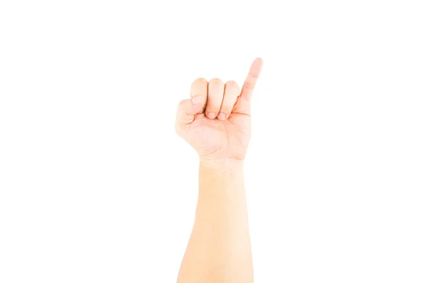 Asiática mano masculina mostrando meñique significa promesa sobre fondo blanco . — Foto de Stock