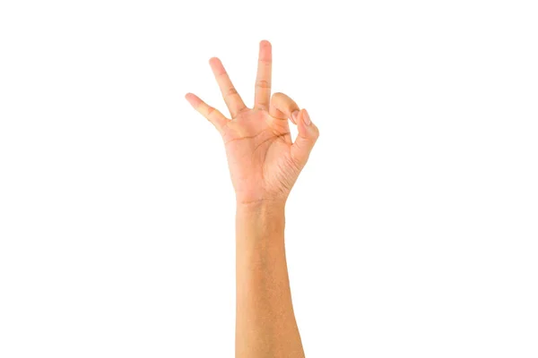 Mão Feminina Asiática Mostrando Dedos Significa Concordar Permitir Fundo Branco — Fotografia de Stock
