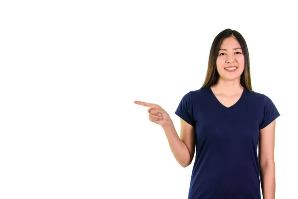 Asian Young Woman Blue Shirt Smiling Pointing Finger Space White — Stockfoto