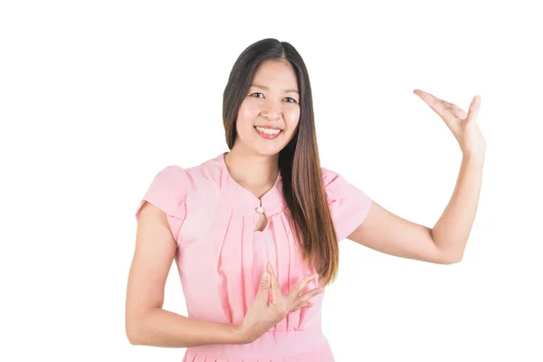 Mutlu Gülümseyen Attrative Asyalı Genç Kadın Pembe Elbiseli Kırpma Yolu — Stok fotoğraf