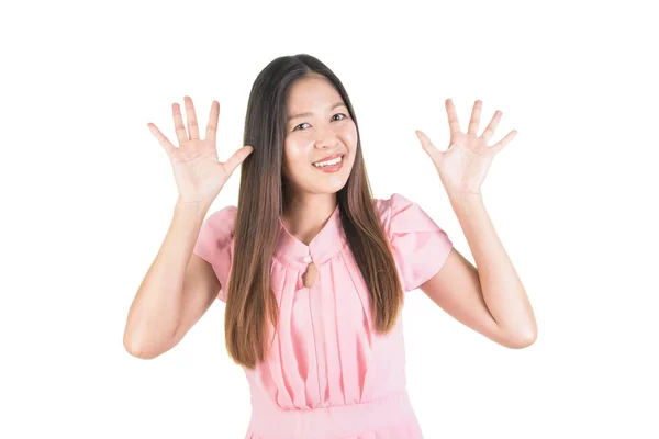Feliz Sonriente Asiático Joven Mujer Rosa Vestido Levanta Mano Hasta — Foto de Stock