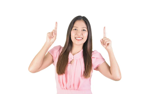 Leende Asiatisk Ung Kvinna Rosa Klänning Med Fingrar Peka Upp — Stockfoto