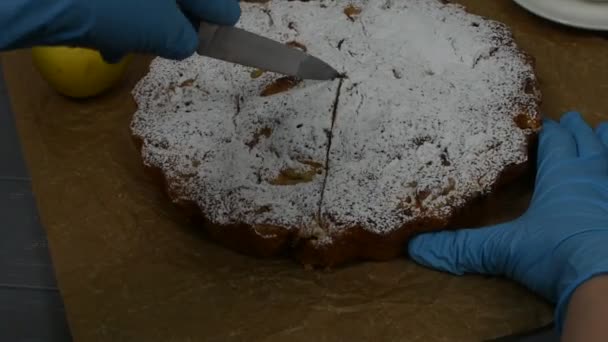 Las manos femeninas con guantes azules cortan un pastel de manzana en pedazos . — Vídeos de Stock