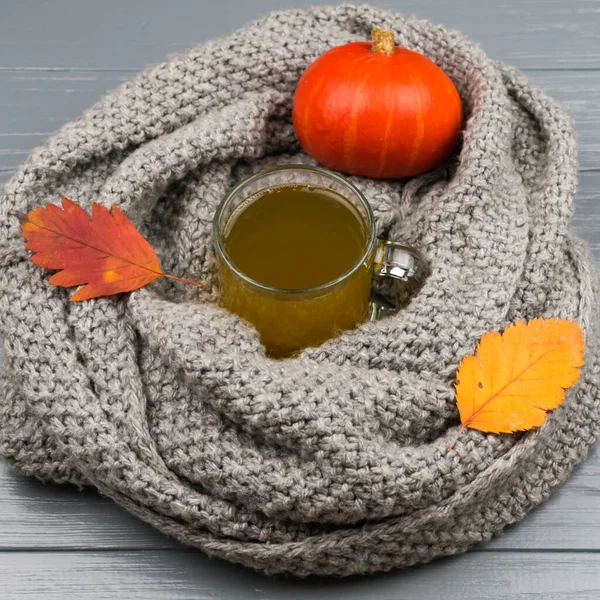 Hojas de otoño, calabaza, una taza de té verde envuelto en una bufanda gris. Una bufanda de lana mantiene el té caliente. Concepto de otoño . — Foto de Stock