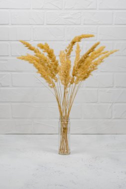 Beyaz tuğladan bir arka planda tahta bir masanın üzerinde bir buket kuru dikenli cam şişenin kompozisyonu. Tarz ev dekoru.