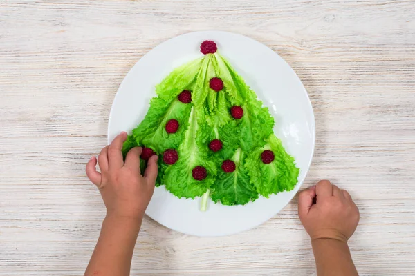 Choinka wyłożona jest zielonymi liśćmi sałaty, ozdobionymi czerwonymi malinami na białym talerzu. Dziecko zaraz zje sałatkę z choinki. Jedzenie na Nowy Rok. Dekoracja stołu. — Zdjęcie stockowe