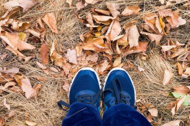 Spor ayakkabılı bir kadının bacakları kuru çimlerde durur. Düş! Sonbahar otu.