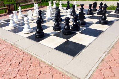 Caddeüzerindeki parkta üzerine büyük satranç taşları yerleştirilen büyük satranç tahtası. Küçük mimari formlar.