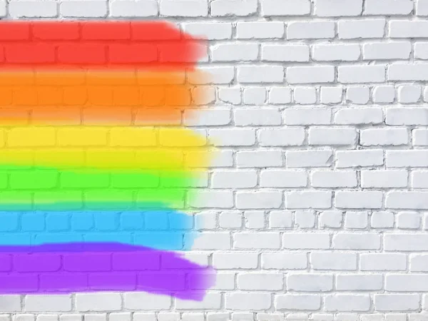 LGBT rainbow flag, an interesting watercolor effect. Rainbow. Bright painted stripes on a white brick wall. Red, orange, yellow, green, blue, purple textured stripes.Copy space.