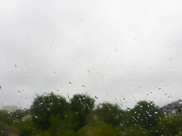 Drops Rain Glass Clouds Green Trees Window — Stock Photo, Image