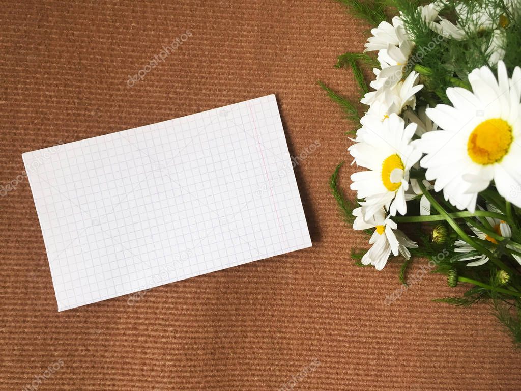 White sheet in a cage and a bouquet of delicate white daisies on a brown background. Copy space.