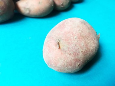 Düz mavi arka plan üzerinde büyük yeni patates Yumrular, yakın çekim.